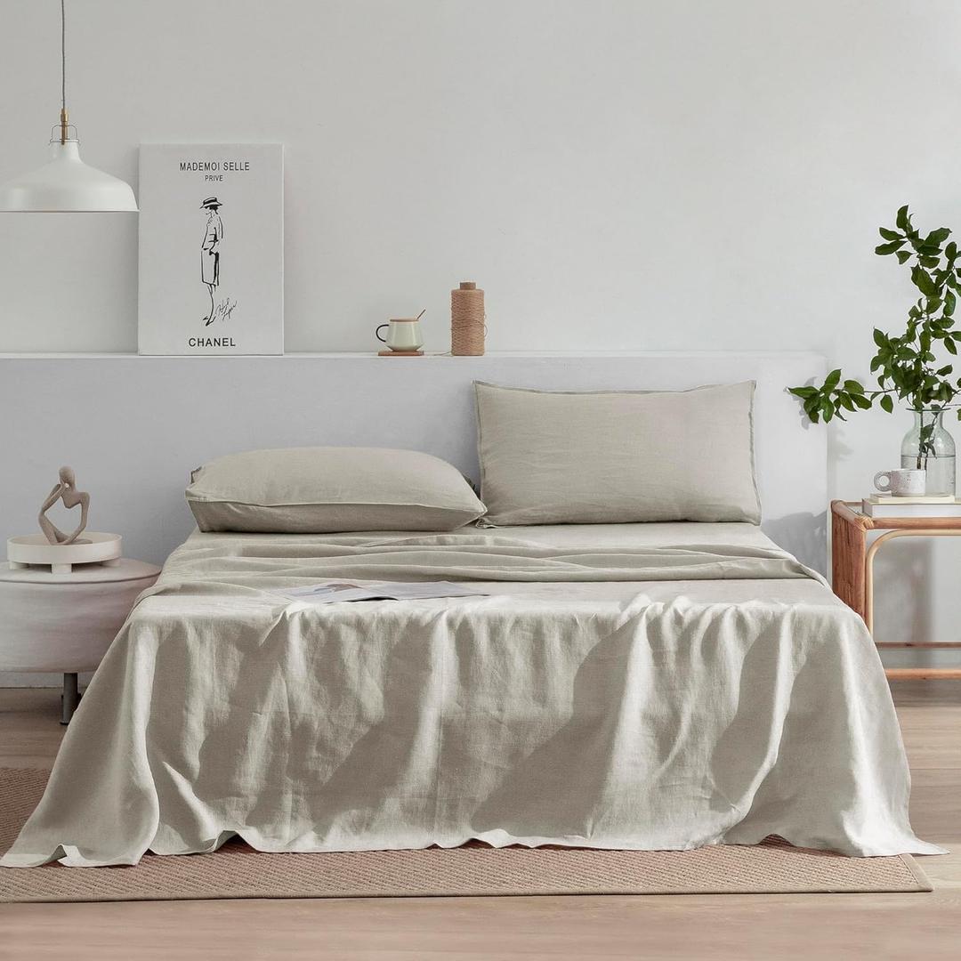 EVERLY Linen Sheets Set King Size,100% French Stonewash Pure Linen Bed Sheets,4Pieces (1Flat Sheet,1Fitted Sheet,2Pillowcase) Suitable for Hot Sleepers,Not Dyed Deep Pocket Natural Bedding Set