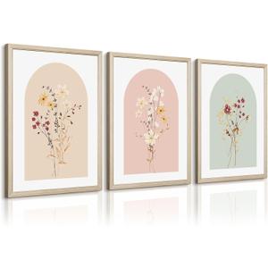 Watercolor Flower Wall Art Set of 3 Wildflower Floral Wall Decor Pictures Botanical Canvas Wall Art Vintage Prints Boho Flower Painting Minimalist Floral Poster for Bedroom Room 16x24 Inch Wood Framed
