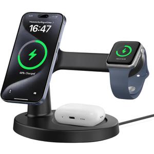 3 in 1 Magnetic Wireless Charging Station for Apple, 15W Fast Wireless MagSafe Charger Stand for iPhone 17–12 Series, Apple Watch & AirPods, Strong Magnetic Snap, Stable Nightstand Desk Charger