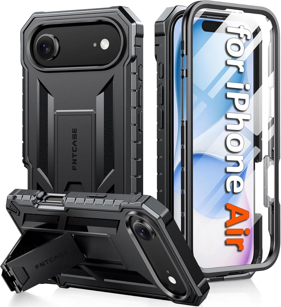 FNTCASE for iPhone Air Phone Case: Military Grade Drop Proof Protection Mobile Cover with Kickstand | Matte Textured Rugged Shockproof TPU | Protective Sturdy for iPhone 17 Air Case - Black