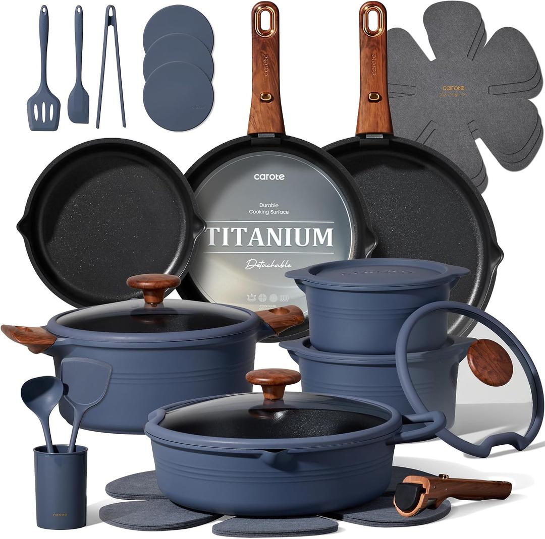 CAROTE 30pcs Titanium Cookware Set, Pots and Pans Set Detachable Handle, 30 Piece