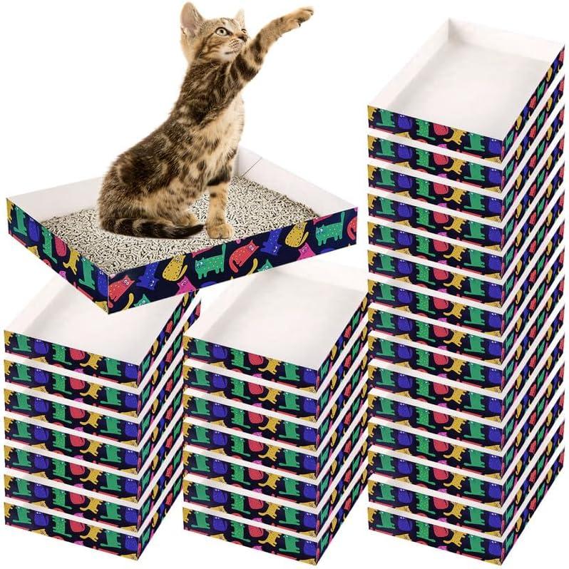 30 Pack Disposable Cat Litter Box, Foldable Paper Travel Litter Box, Non Clumping Durable and Waterproof,Low Entry Easy Disposal,Portable(13.6x9.7x1.9 in)