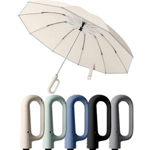 Travel Compact Inverted Umbrella with Ring Buckle, Portable Large Strong Windproof Reverse Reflective Umbrellas for Rain & Sun, Automatic Open and Close Umbrella for Women Men (Beige)