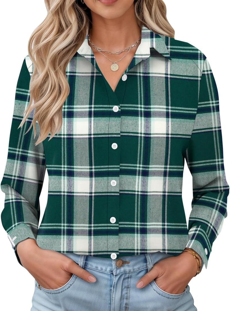 LOMON Womens Long Sleeve Button Down Shirts Casual Loose Fit Cotton Collared Blouses (Green, L)