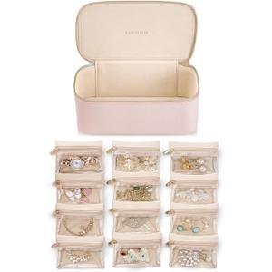 Vlando Jewelry Box Organzier for Travel,Graduation Gifts for Daughter,Jewelry Case with 12 Pcs Velvet Jewelry Bags for Earrings Necklace Rings,Valentine's Day,Birthday, Wedding Gift for Wome-Pink
