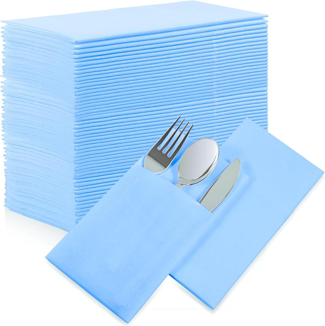 Mint Blue Dinner Napkins Disposable - 50Pack Linen-Feel Paper Napkins with Built-in Flatware Pocket, Prefolded Cloth Like Paper Napkins Bulk For Dinner, Wedding, Party or Everyday Use(Mint Blue)