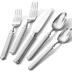 KINGSTONE Retro Rope-Pattern Silverware Set, 5-Piece Flatware Set Cutlery Set Forged with Handcrafted Texture Handles 18/10 Stainless Steel, Dishwasher Safe