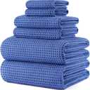 POLYTE 430 GSM Microfiber Quick Dry Lint Free Oversize Bath Towel Set, 6 Piece (Waffle Weave) (Royal Blue)