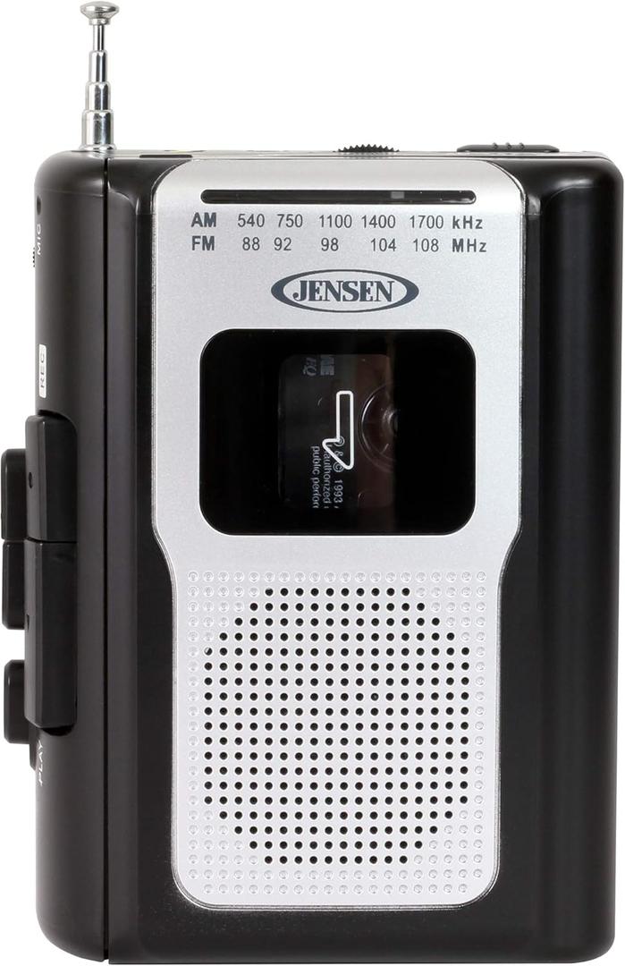 Jensen CR-100 Retro Portable AM/FM Radio Personal Cassette Player Compact Lightweight Design Stereo AM/FM Radio Cassette Player/Recorder & Built in Speaker (Black Series)