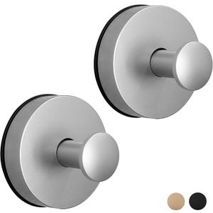 Suction Cup Hooks for Shower, Bathroom, Glass Door, Mirror, Tile - Loofah, Towel, Coat, Robe for Hanging up to 15 lbs Brushed Gold, Brushed Nickel Chrome, Black - 2 Pack (Brushed Nickel/Chrome)