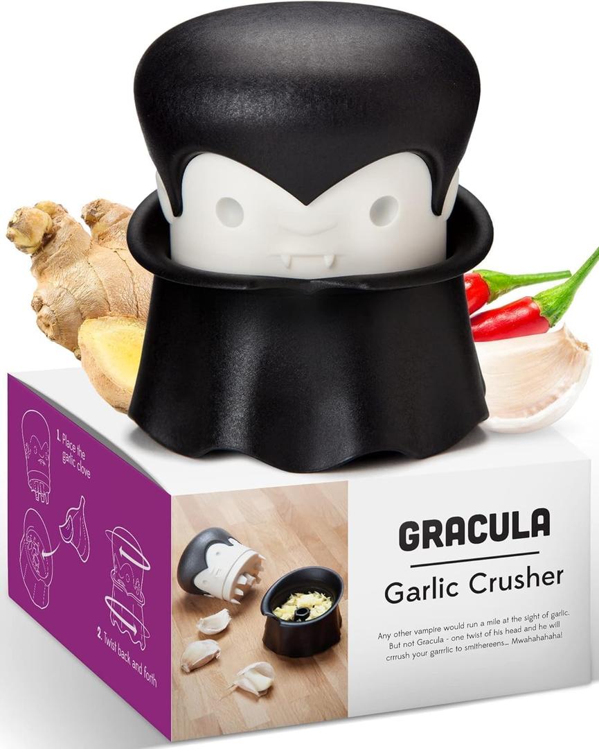 OTOTO Gracula Garlic Crusher, Garlic Mincer, Also for Ginger, Nuts, Chili, Herbs - Twist Top Mincer & Easy Squeeze Manual Press Peeler, Goth Gifts, Black