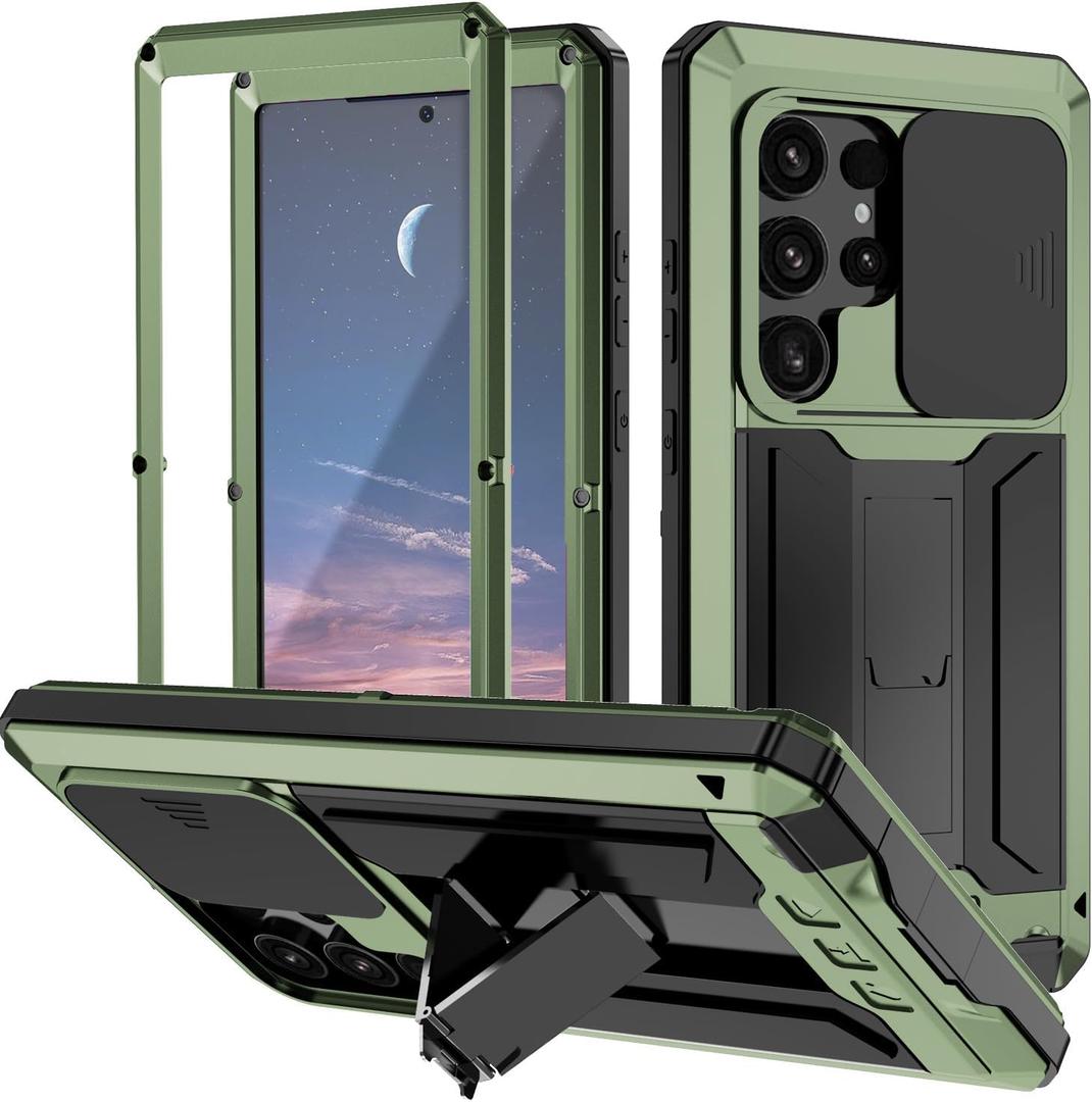 Samsung S24 Ultra Metal Case with Screen Protector Camera Cover Kickstand S24 Ultra Slide Camera Cover Full-Body Rugged Durable Military Aluminium Heavy Duty Dustproof Drop Case for Man Green