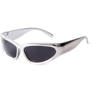 ADE WU Wrap Around Fashion Sunglasses for Women Men Trendy y2k Swift Oval Sun Glasses Goggles Futuristic Shades (Metallic Silver/Grey)