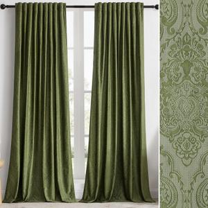GIGIZAZA Green Velvet Curtains 72 Inch Long for Living Room,2 Panels Luxury Vintage Drapes Floral Embossed Blackout Window Curtain Back Tab Thermal for Bedroom