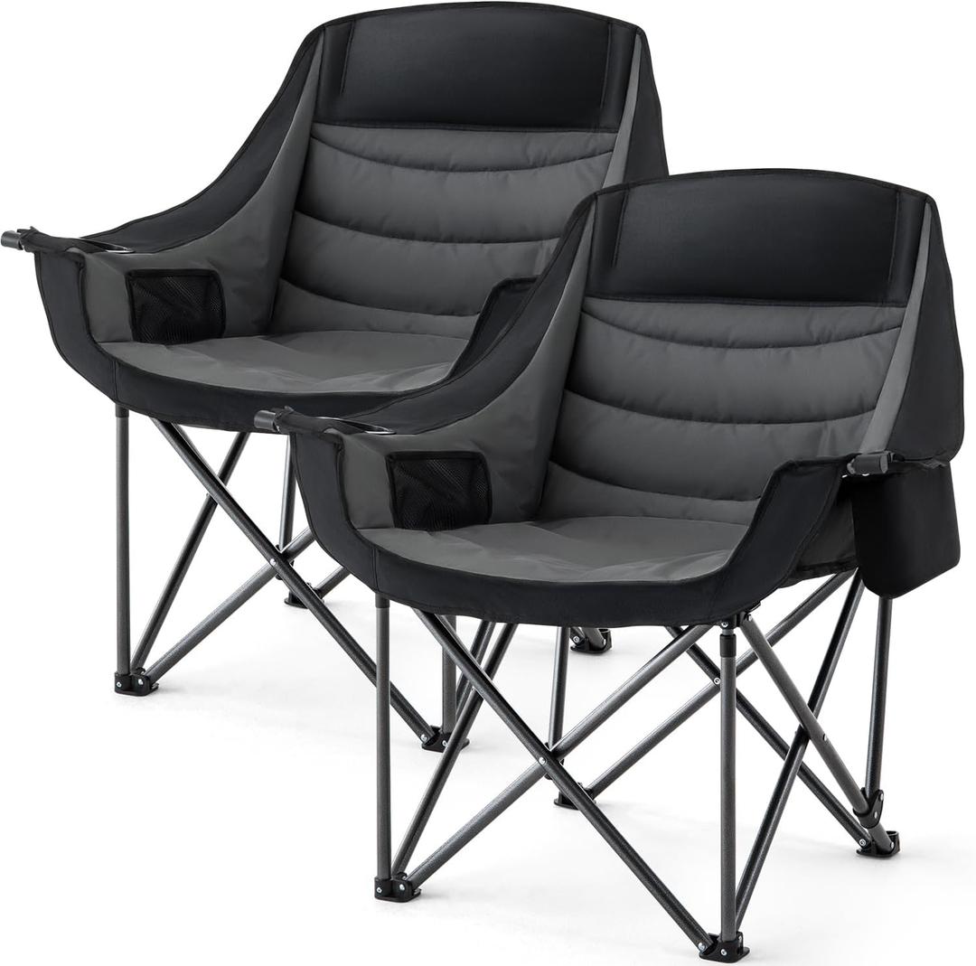 Padded Camping Chair for Adults 2 Pack Heavy Duty 500lbs Support Portable Folding Camping Chair with Cup Holder Cooler Pockets for Outdoor Beach Fishing Garden (Black & Dark Gray), Twin Pack