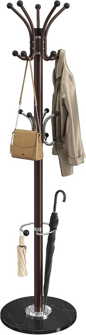 SONGMICS Freestanding Coat Rack, Marble Base, 18 Hooks, Umbrella Holder