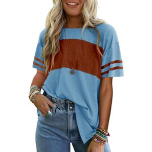 Angerella Womens Color Block Tops 2025 Summer Striped Short Sleeve T-Shirt Casual Crewneck Tunic Blouses Loose Fitted (Medium, 3-greyish Blue)
