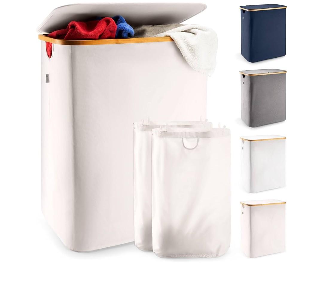 LONBET Laundry Basket with Lid, Made from Breathable Fabric | Aesthetic Clothes Hampers for Laundry with Side Handles & Sturdy Bamboo Frame (40 Gallons - Double, Beige)