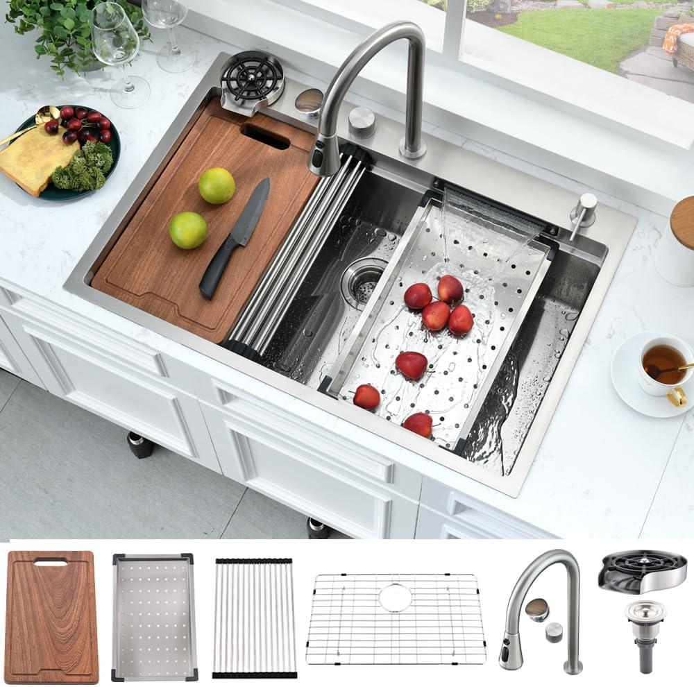 33x22 Drop In Kitchen Sink with Waterfall Stainless Steel | Top Mount with Cup Washer Workstatin Ledge 16 Gauge Single Bowl Multifunctional Waterfall Sink, Adjustable Hot and Cold Water, 33" W x 22" D x 10" H