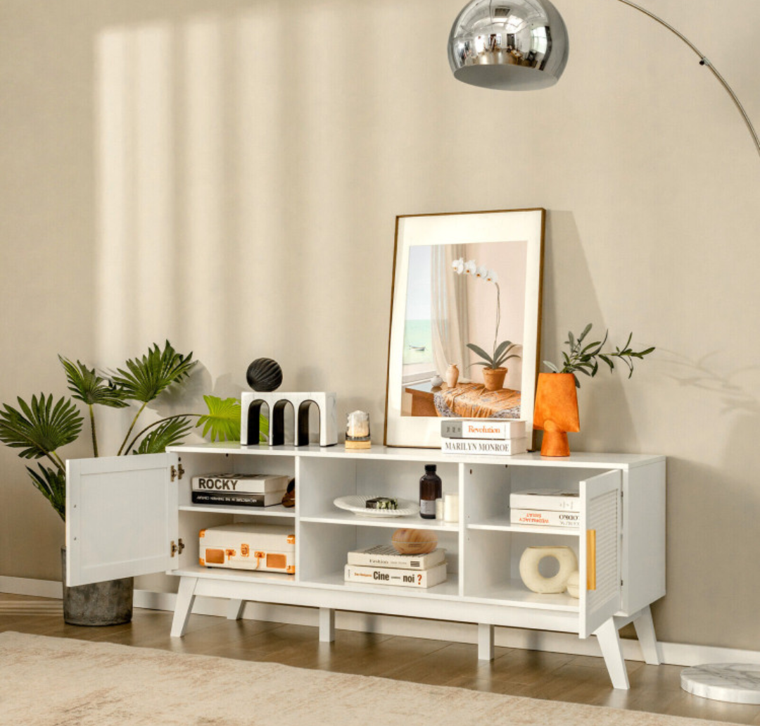 TV Stand Entertainment Media Console with 2 Rattan Cabinets and Open Shelves