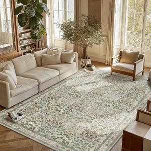 Washable Area Rug 6x9 - Oriental Vintage Dining Room Rug for Living Room, Bedroom, Kids Playroom & Baby Nursery - Low Pile, Non-Slip, Lightweight & Stain Resistant (Beige)