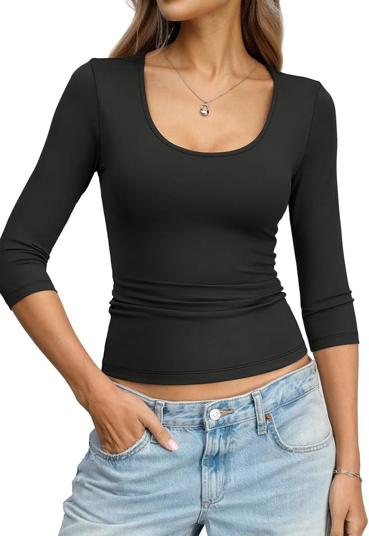 Eachyes Women's 3/4 Length Sleeve Scoop Neck Tops Casual Slim Fit T-Shirts Basic Tees Spring Summer Outfits Clothes 2026 (Medium, Black)