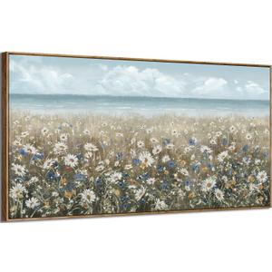 Oversized Wall Art for Living Room Extra Large Farmhouse Boho Framed Beach Coastal Vintage Ocean Floral Canvas Print Daisy Flowers Sea Wall Picture Neutral Nautical Artwork Bedroom Office Decor (58L" x 29W", Serene Flower Sea Art)