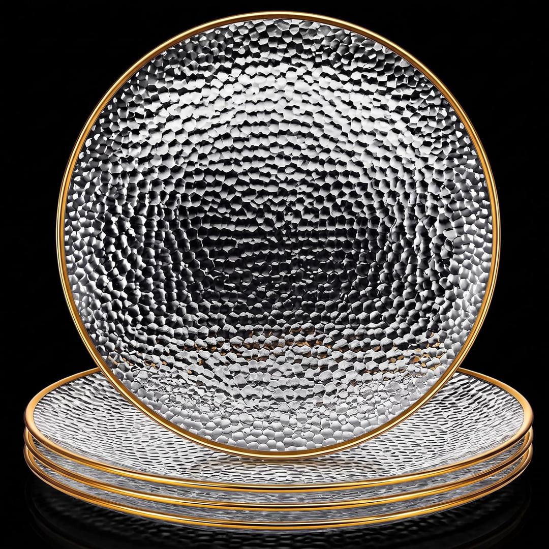Havawish 4 Pcs 13 Inch Hammered Glass Charger Plates with Gold Edge