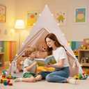 Kids Tent Indoor with Star Lights and Flags - Play Tent for Kids Ages 4-8, Toddler Playhouse for Girls Boys, Khaki