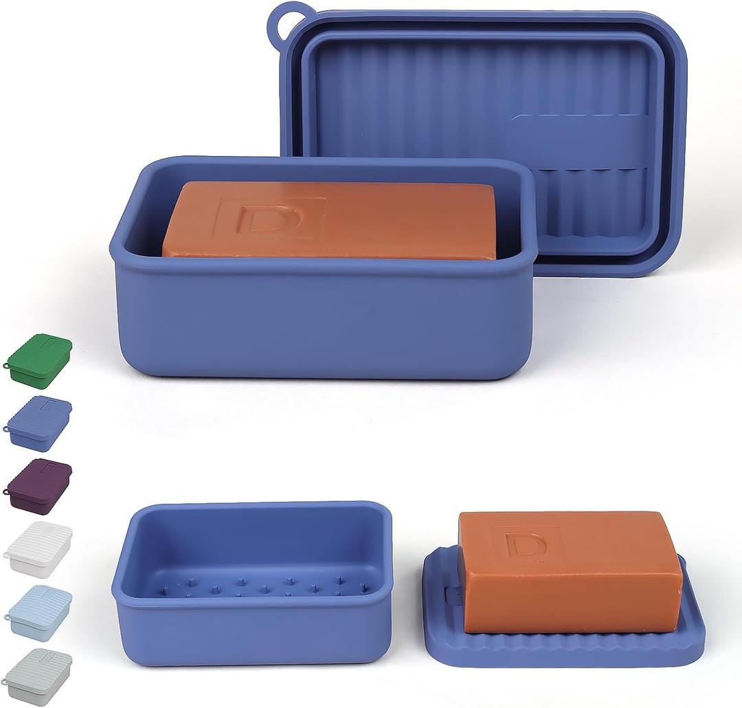 AIDIMMING Extra Large Silicone Travel Soap Case, Leak Proof Bar Soap Holder & Container for Extended Trips, Camping & Gym,Truck Drivers, Fits 10oz Duke Cannon, Shampoo & Conditioner Bars (Deep Blue) 6.3"L x 4.33"W