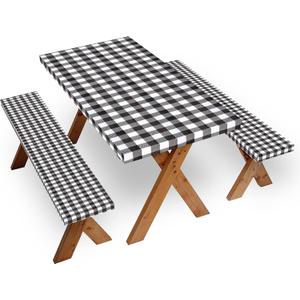 Picnic Table Covers with Bench Covers Set Elastic Fitted Tablecloth 6 FT for Outdoor Camping 3 piece (Black and White)