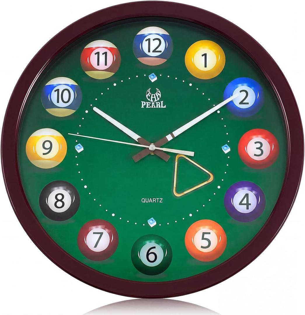 Landical Large Billiard Pool Ball Clock 14 Inch,Reddish-Brown,Round