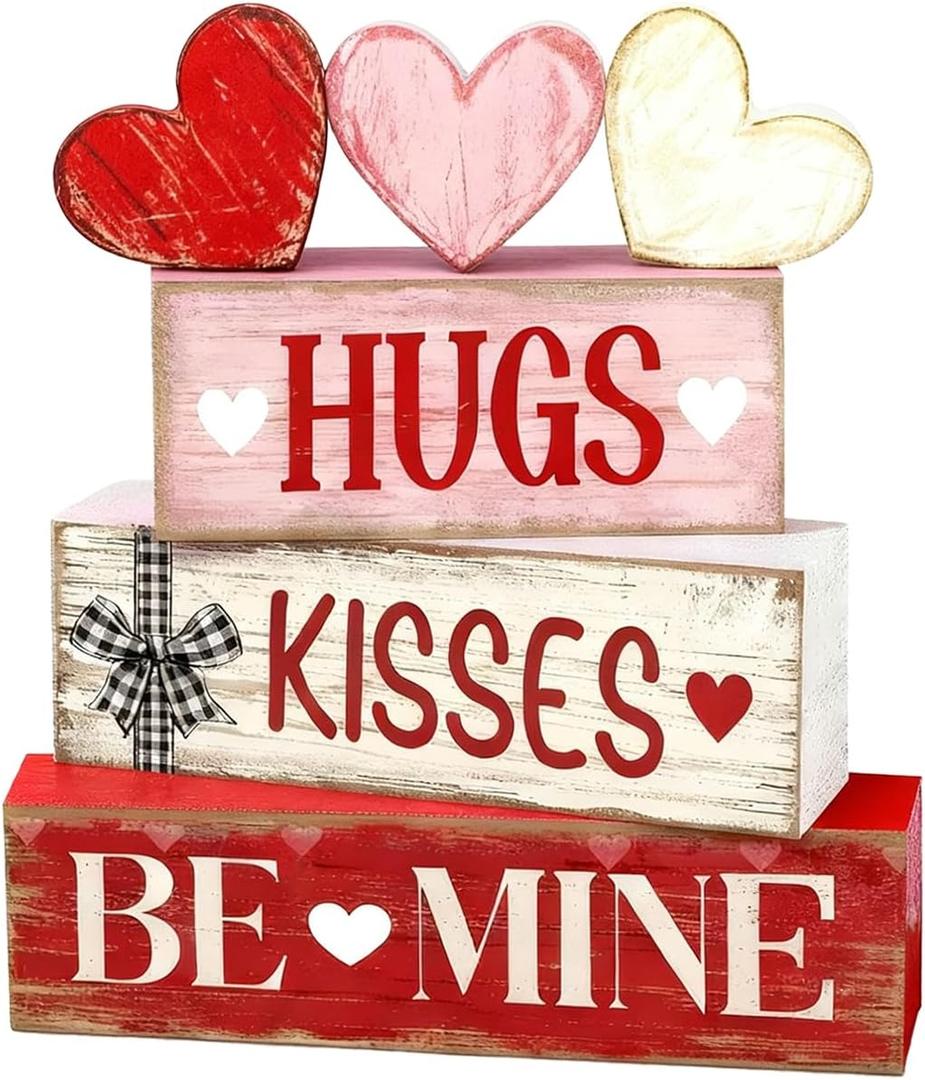 Valentines Day Decorations - Valentine Tiered Tray Decor Set - Wooden Table Decoration with Heart Signs - Rustic Farmhouse Valentines Day Home Decor Indoor for Shelf Mantel Coffee Table Gift