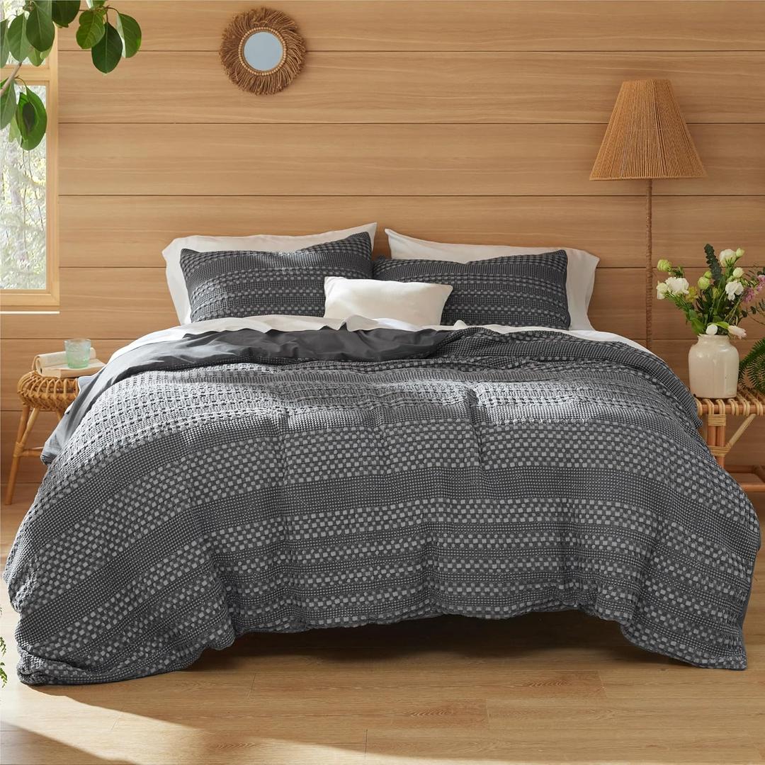 Bedsure 100% Stone Washed Cotton Duvet Cover Queen - Charcoal Grey Classic Waffle Weave Duvet Cover Set, Vintage Charm and Breathable 3 Pieces Bedding Set with Zipper Closure (Queen, 90"x90")