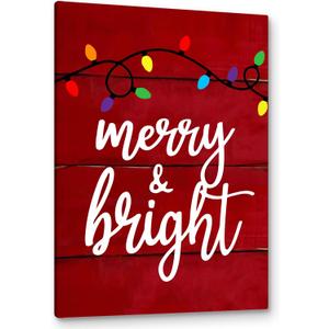 PHAMTE Merry And Bright Wall Art, Christmas Canvas Wall Art, Farmhouse Rustic Christmas Sign String Lights Red Festive Print Framed Canvas Painting Wall Art Home Room Bedroom Decor 16x24 Inch