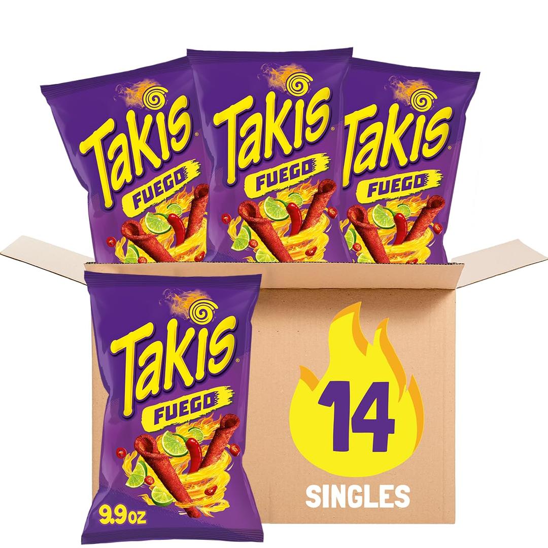 Takis Fuego Rolled Spicy Tortilla Chips, Hot Chili Pepper Lime Flavored, Multipack Box 14 Bags, 9.9 Ounces Each, BB Date: 3/9/26