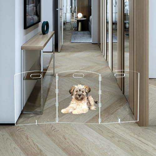 Clear freestanding Dog gate for Indoor use,Pet Gates for doorways no Drilling,Acrylic Foldable Dog gate for Stairs with Support feet (3Panel - 60''W x 23''H)