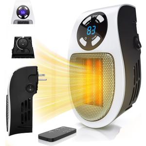 450W Mini Space Heater With Temperature Detection, Remote Wall Outlet Electric Space Heater as Seen on TV with Adjustable Thermostat and Timer and Led Display, Compact for Office Room RV (Smart-White)