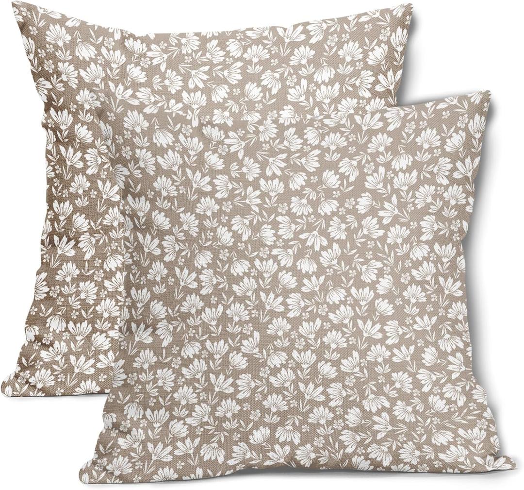 Tan Khaki Beige Daisy Floral Pillow Covers 22X22 Inch Vintage Flowers Decorative Pillow Cases Set of 2 Block Print Cotton Linen Throw Pillows Farmhouse Decor For Sofa Couch Porch Bed Cushion Outdoor