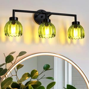 Generies Green Glass Vanity Light, Vintage 3-Light Bathroom Vanity Light Fixture Over Mirror, Art Deco Wall Sconce Lighting for Bathroom, Bedroom, Hallway, Matte Black