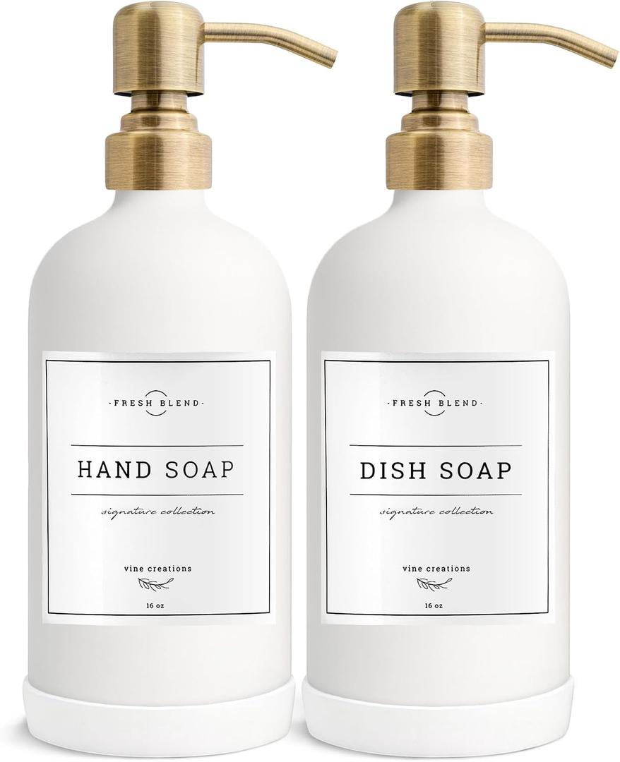 Vine Creations White Glass Soap Dispenser, 2 Pack Kitchen Soap Dispenser Set with Stainless Steel Pump, 16 oz Dish Soap and Hand Soap Dispensers for Bathroom with Waterproof Labels