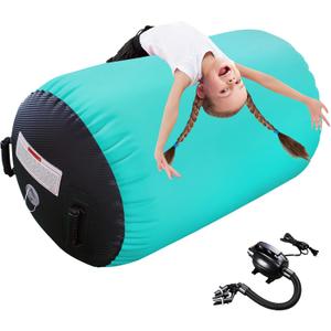 Gymnastics Tumbling Equipment Inflatable Air Barrel Tumbler Roller Backbend Trainer with Pump for Cheerleading, Yoga, Stretching & Home Gym Training (39.37inch*23.6inch, Green+Black)