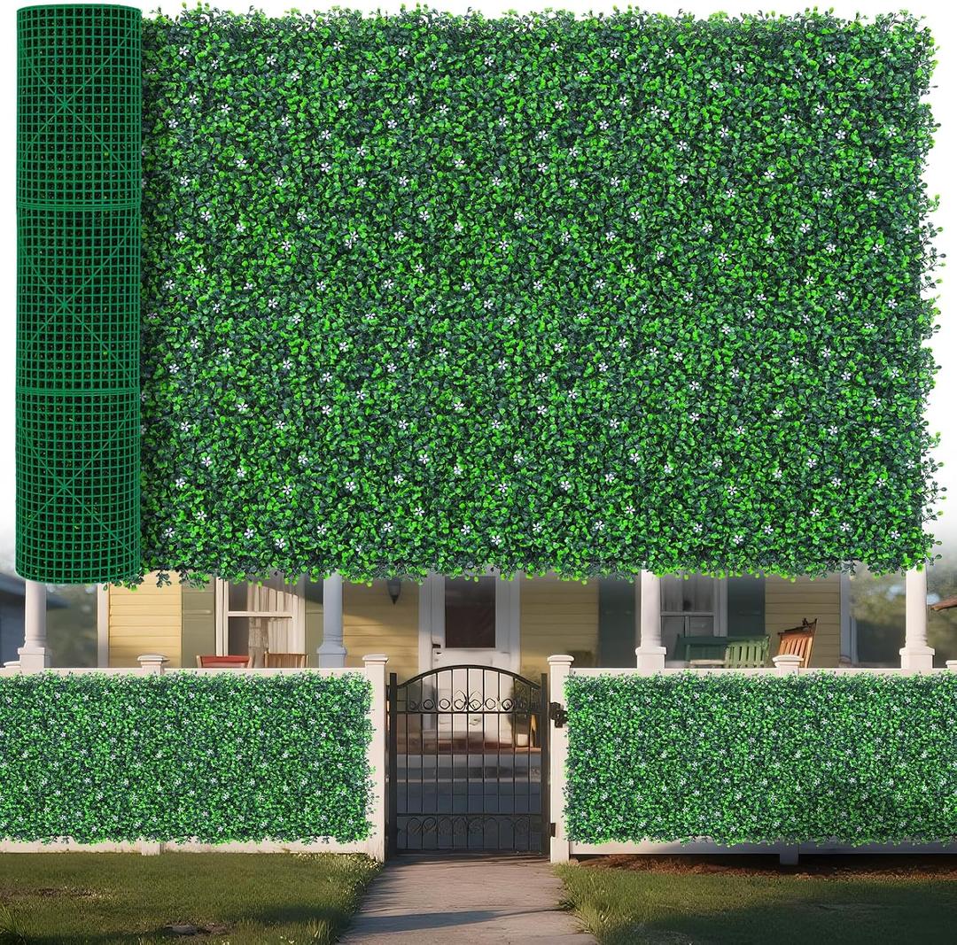 Fake Boxwood Grass Wall Roll with White Flower, 48"x120" (40 sqft)