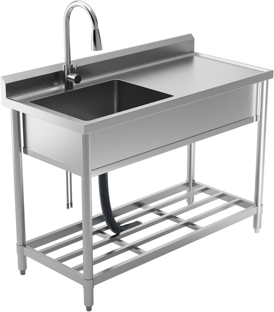 Stainless Steel Utility Sink with Retractable Hot & Cold Faucet, 47.2" Free Standing Single Bowl Sink with Drainboard for Kitchen, Laundry Room, Garage, Farmhouse (Silver)