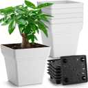 6-Pack 7'' Square Planters with Built-in Drainage Tray  Heavy-Duty Plastic Pots with Drainage Holes and Bottom Stopper, BPA-Free White Matte Planter Stackable for Indoor Plants, Herbs, Flowers