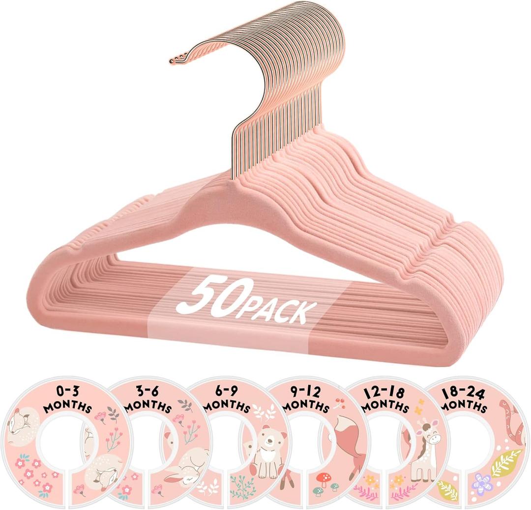 VIS'V Baby Hangers, 11 Inch Velvet Kids Hangers with 6 Pcs Clothes Size Dividers, Infant Toddler Nursery Closet Organization, Non Slip, Pink, 50 Pcs