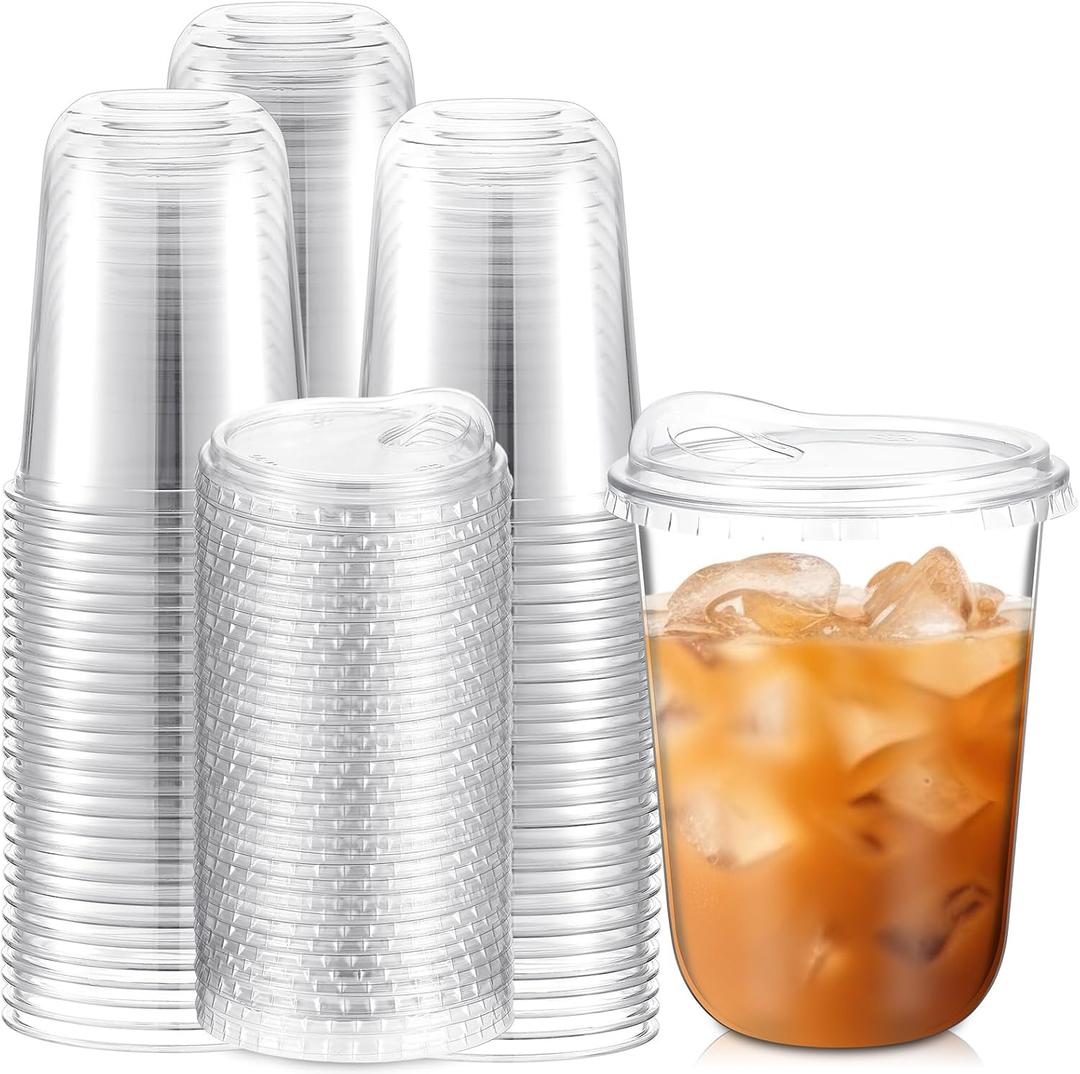 Baderke Clear Plastic Cups with Strawless Sip Lids Disposable Round Bottom Togo Cups for Coffee Smoothie Cold Beverage Coffee Shops and Party Catering(16 oz,100 Pcs)