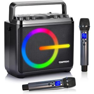 Karaoke Machine, Bluetooth Speaker with 2 Wireless Microphones, Portable Voice Amplifier PA System for Adults Kids with LED Lights Support Bass/Treble Adjustment, TF Card/USB, REC for Home Party