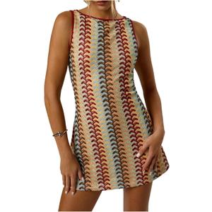 GORGLITTER Women's Color Block Crochet Boho Bodycon Mini Dress Summer Peasant Vacation Sleeveless Tank Sundresses 2025 (Medium)