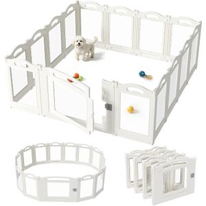 Foldable Clear Acrylic Dog Playpen with Door, 23.6" Acrylic Puppy Playpen, Easy Assemble Indoor Pet Fence with White Frame, Clear Dog Playpen for Puppies & Animal (White, 23.6H, 12 Panels + 1 Door)